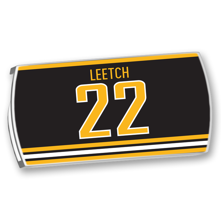 The ZippyBack™ Brian Leetch patch is a rectangular black hockey jersey patch with bold white and yellow "Brian Leetch 22" lettering and yellow/white bottom stripes, honoring the legendary defenseman.