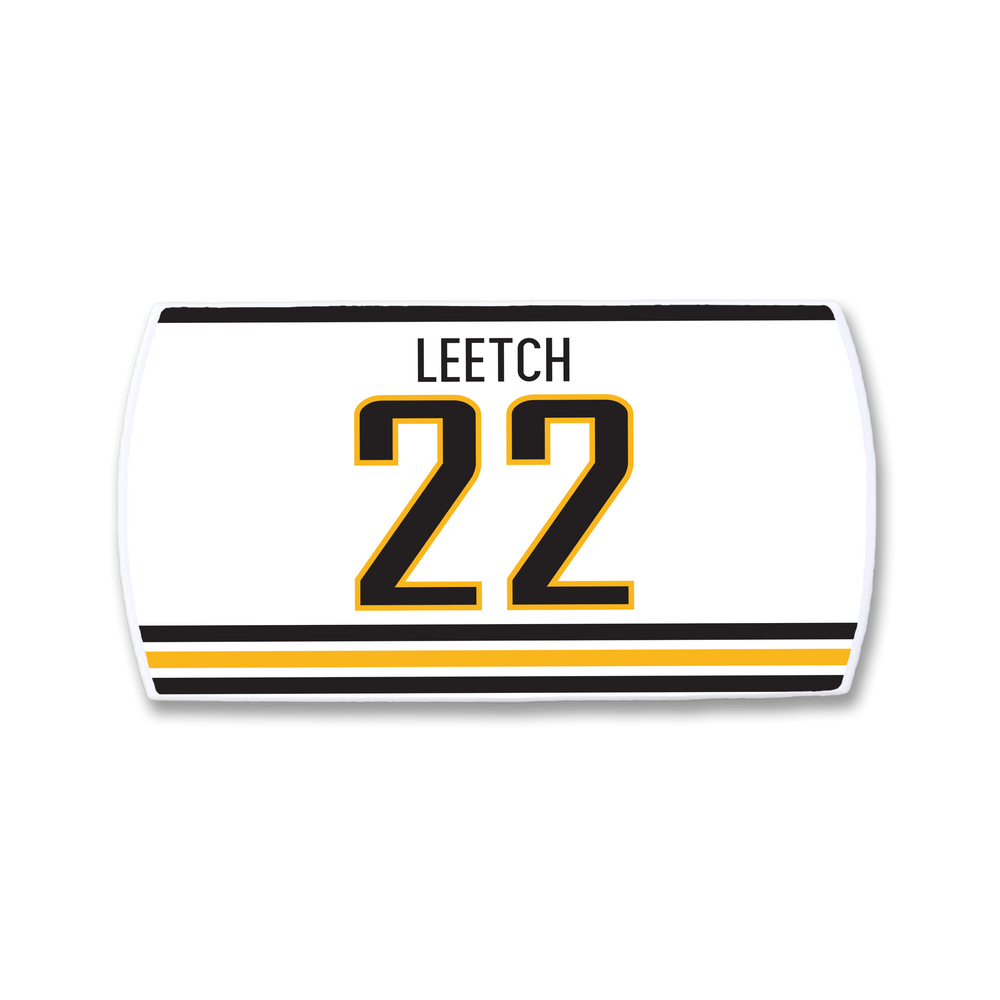 The ZippyBack™ Brian Leetch nameplate is a white hockey jersey patch with black and gold stripes, featuring LEETCH above the bold black-and-gold number 22, honoring the legendary defenseman.