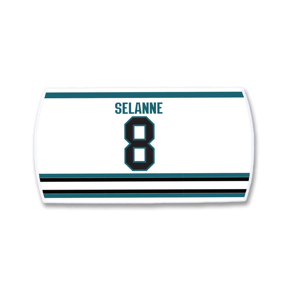 Show your love for hockey legend Teemu Selänne with this ZippyBack™ white jersey nameplate, featuring his name in bold black text above the number 8, teal accents, and stylish black stripes—perfect for devoted fans.