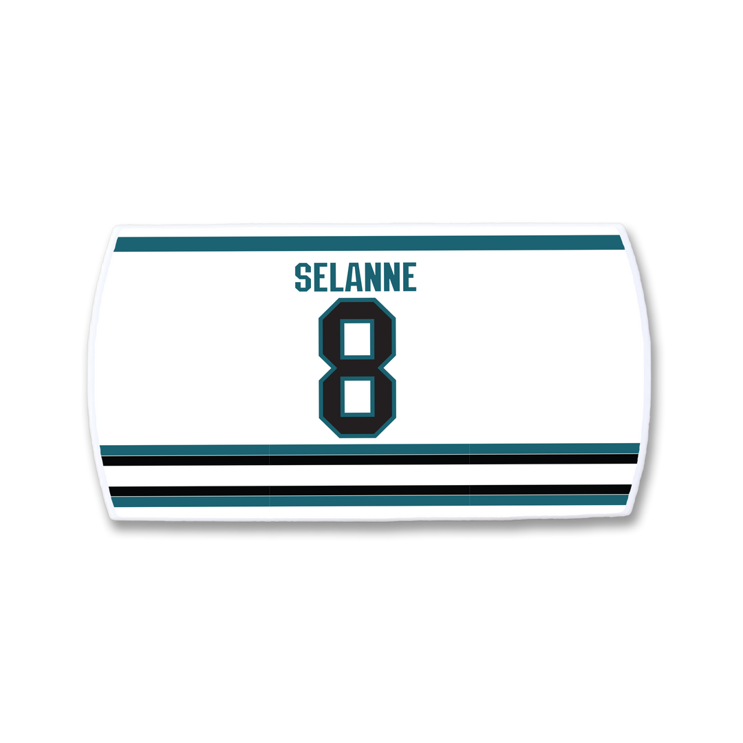 Show your love for hockey legend Teemu Selänne with this ZippyBack™ white jersey nameplate, featuring his name in bold black text above the number 8, teal accents, and stylish black stripes—perfect for devoted fans.