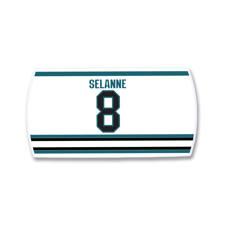 Show your love for hockey legend Teemu Selänne with this ZippyBack™ white jersey nameplate, featuring his name in bold black text above the number 8, teal accents, and stylish black stripes—perfect for devoted fans.