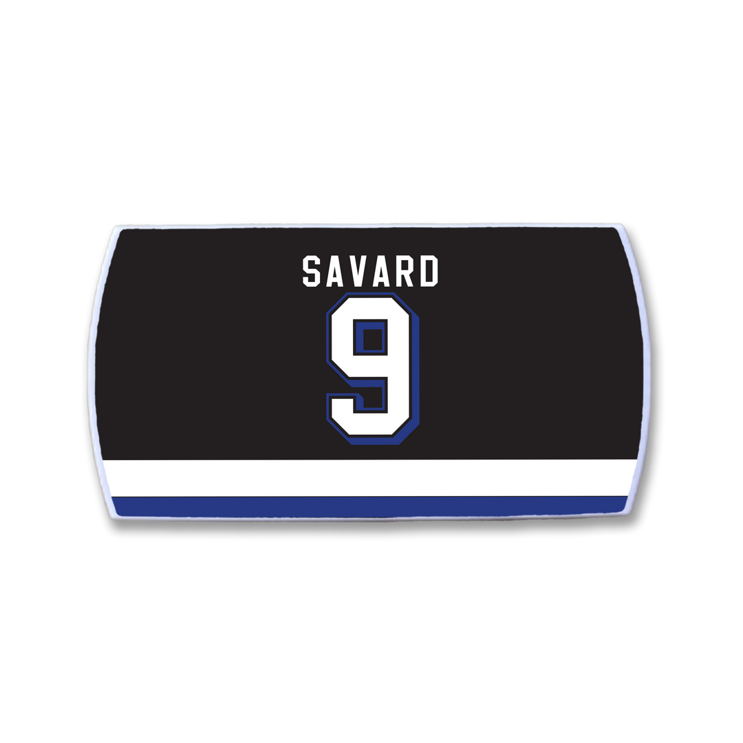 ZippyBack™ Denis Savard rectangular patch features a black background, white SAVARD text honoring the hockey legend, a large white number 9 outlined in blue, and a white and blue horizontal stripe at the bottom.