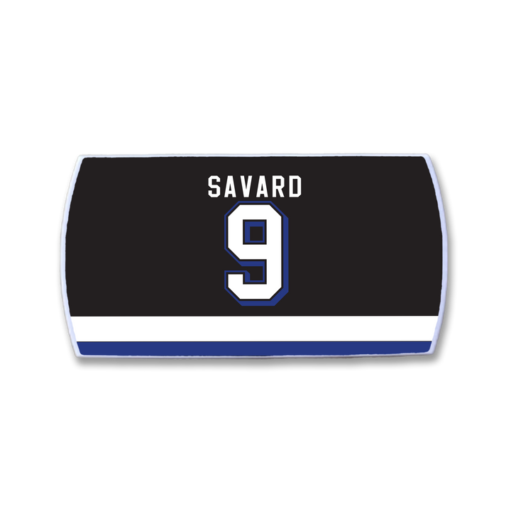 ZippyBack™ Denis Savard rectangular patch features a black background, white SAVARD text honoring the hockey legend, a large white number 9 outlined in blue, and a white and blue horizontal stripe at the bottom.