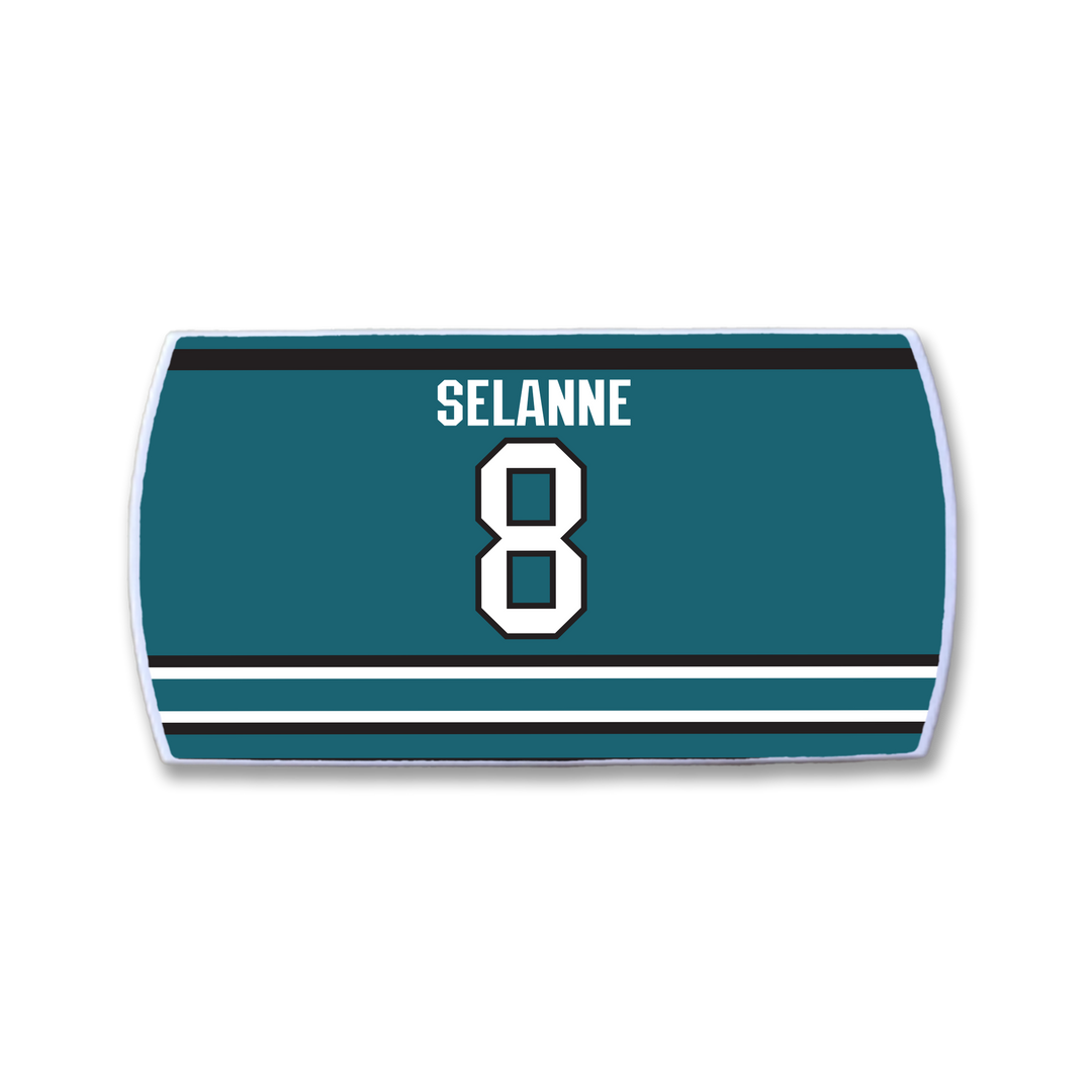 ZippyBack™ Teemu Selänne teal rectangular hockey jersey patch features black and white stripes, plus bold white "Selanne" and number 8—an ideal accessory for fans of legendary winger Teemu Selänne.
