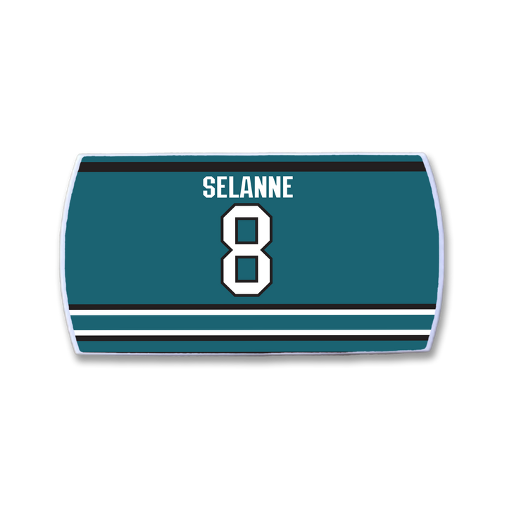ZippyBack™ Teemu Selänne teal rectangular hockey jersey patch features black and white stripes, plus bold white "Selanne" and number 8—an ideal accessory for fans of legendary winger Teemu Selänne.