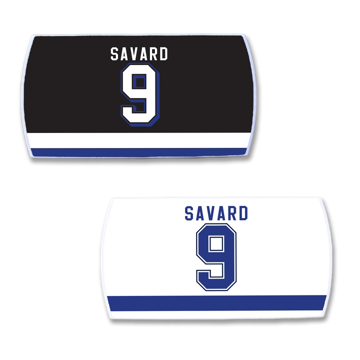 Two ZippyBack™ Denis Savard rectangular nameplates—one black, one white—feature “SAVARD” and the number 9 in bold blue and white with a matching stripe, celebrating the legendary hockey player.