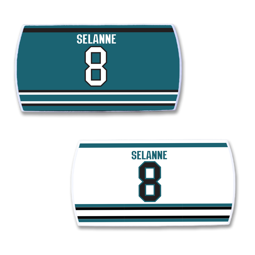 ZippyBack™ Teemu Selänne nameplates: one teal with white "Selänne" and 8, one white with teal "Selänne" and 8, both accented by black and teal stripes—perfect for fans of the iconic hockey winger.