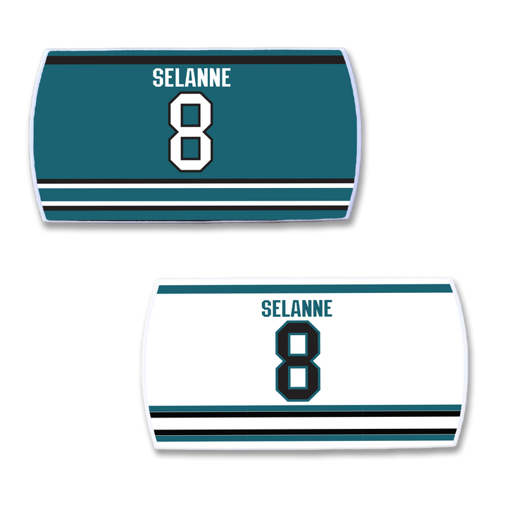 ZippyBack™ Teemu Selänne nameplates: one teal with white "Selänne" and 8, one white with teal "Selänne" and 8, both accented by black and teal stripes—perfect for fans of the iconic hockey winger.