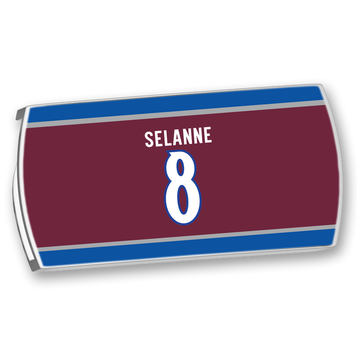 A maroon ZippyBack™ rectangular hockey jersey nameplate with blue and gray stripes, featuring "Selänne" in white above a large number 8—a tribute to legendary winger Teemu Selänne.