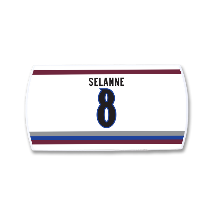 Show your hockey pride with this ZippyBack™ Teemu Selänne nameplate—number 8, maroon, blue, and gray stripes on white—honoring an all-time great offensive star.