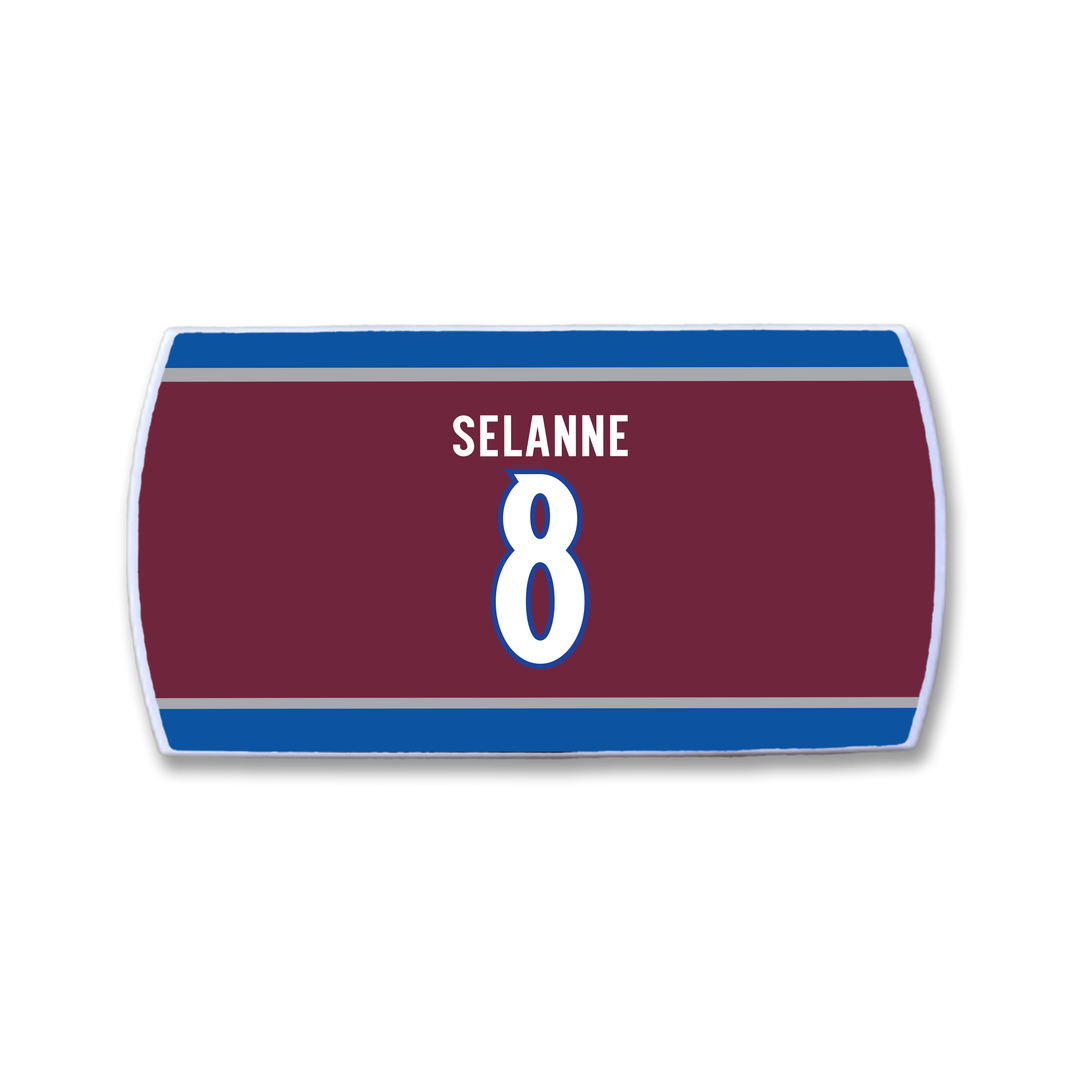 A maroon and blue ZippyBack™ hockey jersey nameplate featuring "Teemu Selänne" and the number 8 in bold white letters.