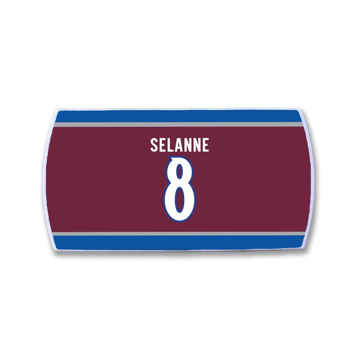 A maroon and blue ZippyBack™ hockey jersey nameplate featuring "Teemu Selänne" and the number 8 in bold white letters.