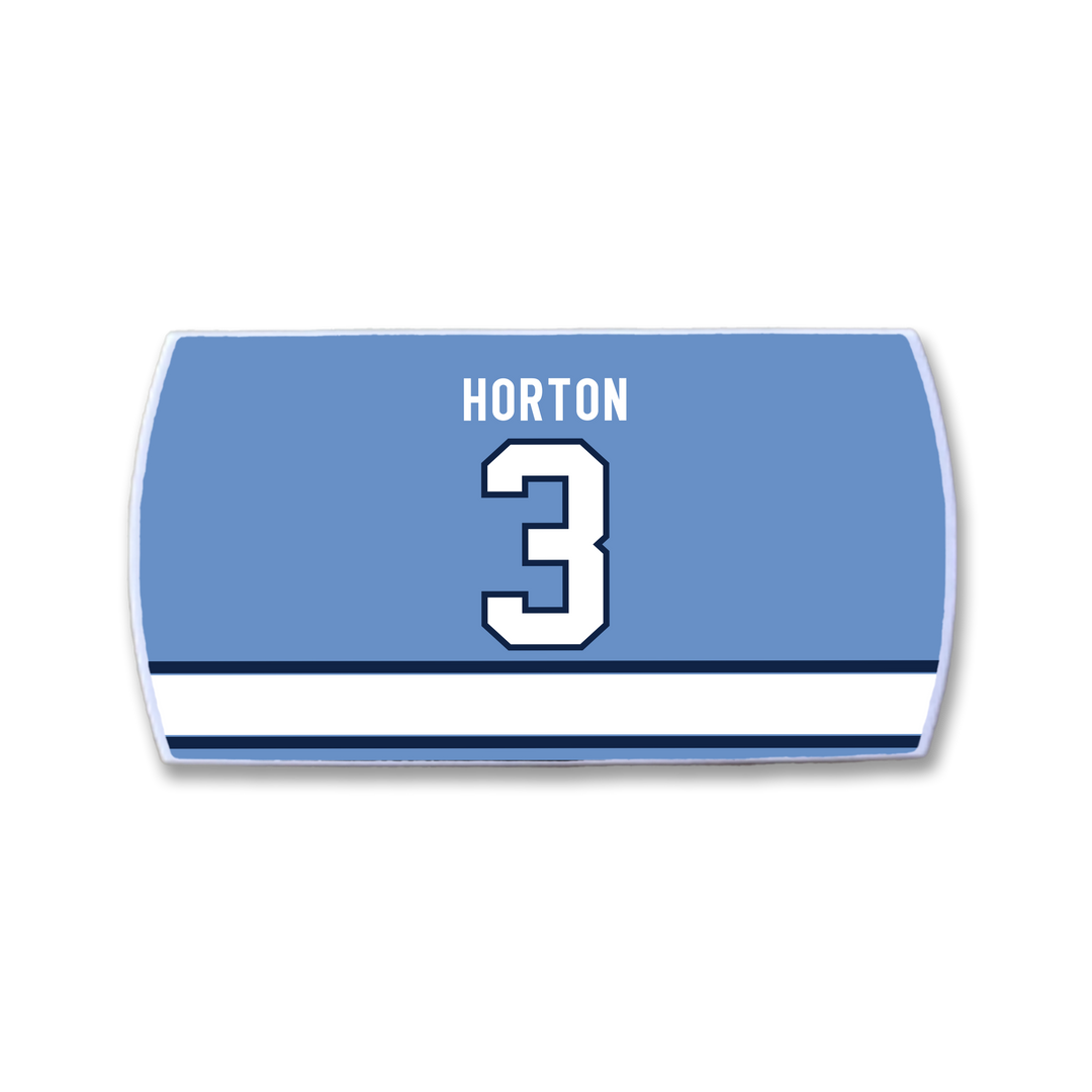The ZippyBack™ Tim Horton patch features "HORTON" and the number 3 in white on blue, above white and dark blue stripes—honoring legendary defenseman Tim Horton.