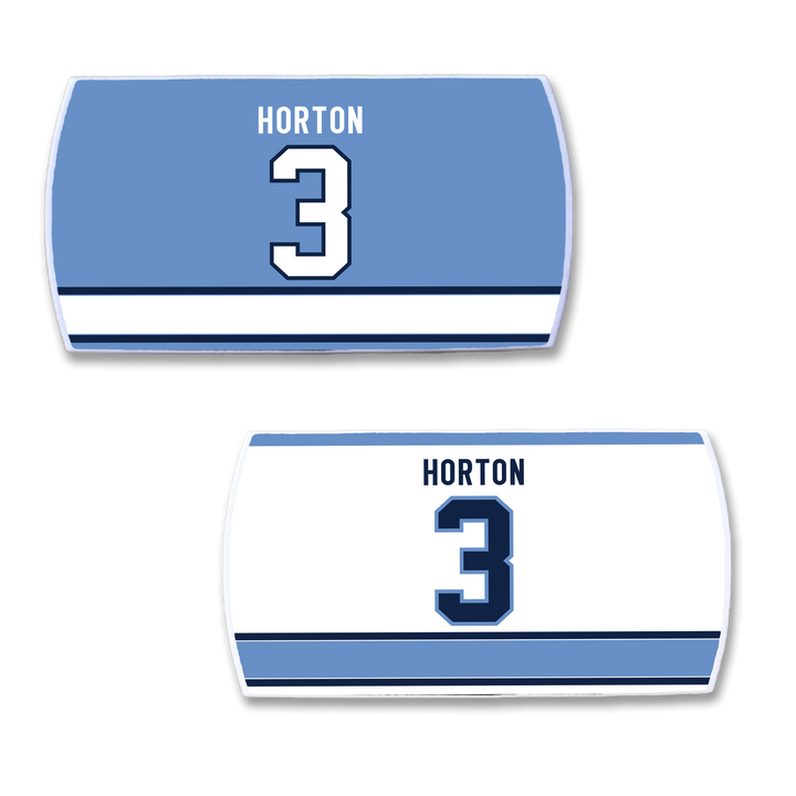Two rectangular ZippyBack™ hockey nameplates featuring Tim Horton and number 3: the top one is blue with white text and stripes, the bottom is white with blue text and stripes.