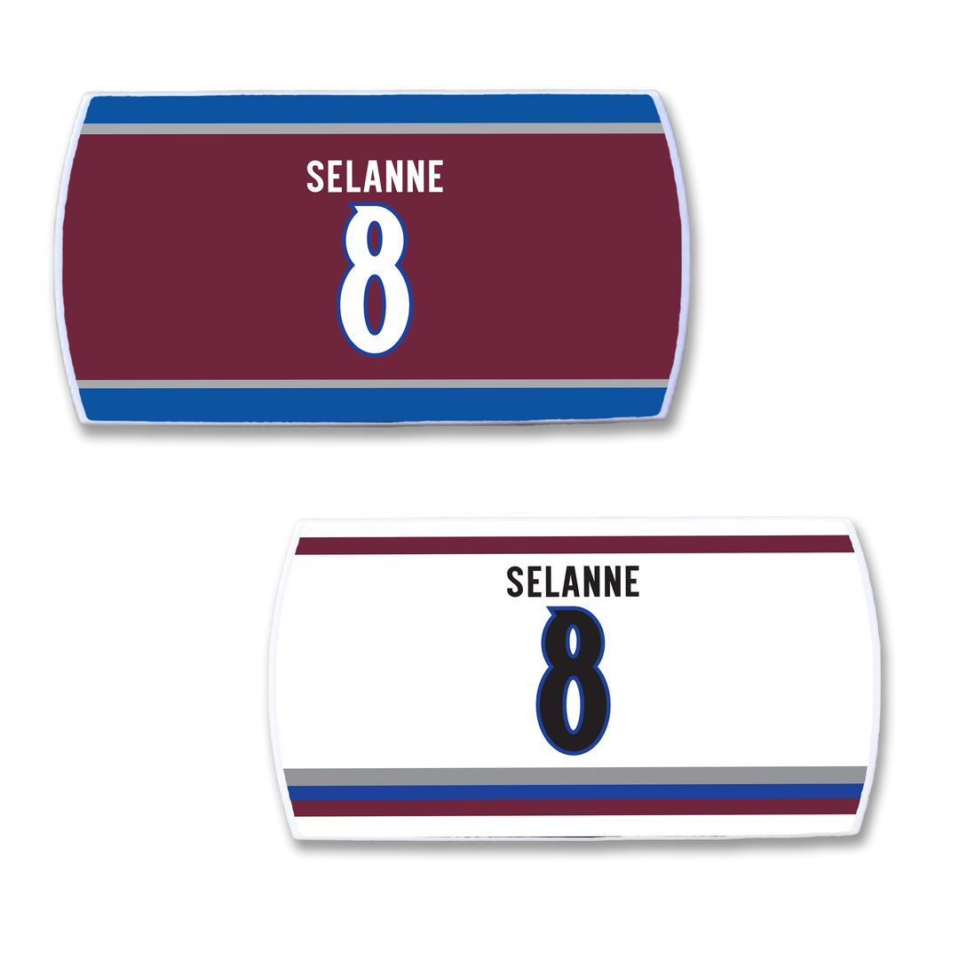 Show your support for legendary winger Teemu Selänne with ZippyBack™ nameplates—one maroon with blue/white stripes, and one white with blue/maroon/gray stripes. Perfect for dedicated fans.