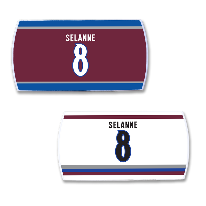 Show your support for legendary winger Teemu Selänne with ZippyBack™ nameplates—one maroon with blue/white stripes, and one white with blue/maroon/gray stripes. Perfect for dedicated fans.