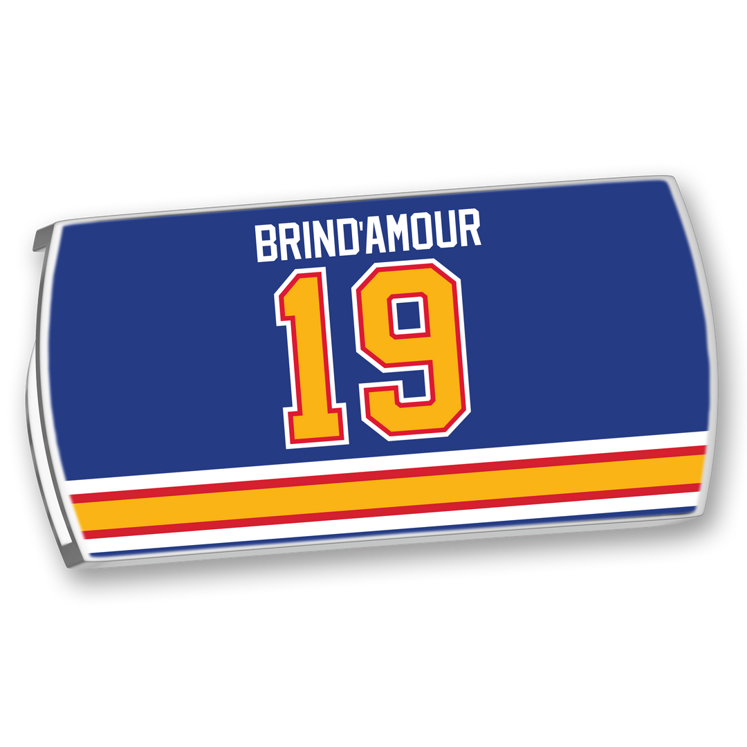 A blue ZippyBack™ hockey jersey nameplate featuring "Rod Brind’Amour" and number 19 in bold yellow and red above matching stripes near the bottom.