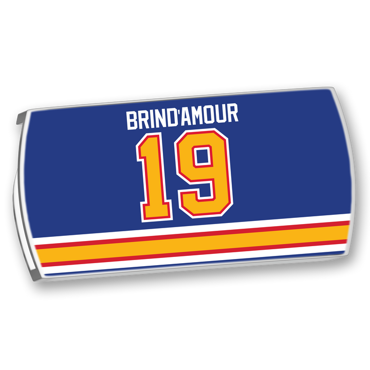A blue ZippyBack™ hockey jersey nameplate featuring "Rod Brind’Amour" and number 19 in bold yellow and red above matching stripes near the bottom.