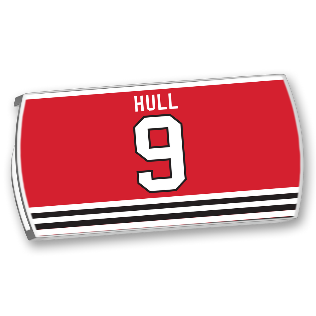 The ZippyBack™ Bobby Hull hockey jersey features bold red fabric with black and white stripes, the name HULL and number 9 in striking white-on-black—honoring legendary scorer Bobby Hull’s explosive offensive legacy.