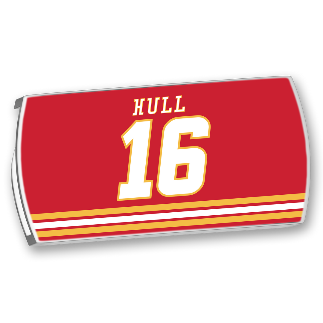 A red rectangular ZippyBack™ featuring yellow and white stripes at the bottom, with "BRETT HULL" and the number 16 in bold white and yellow-outlined font, honoring legendary hockey scorer Brett Hull.
