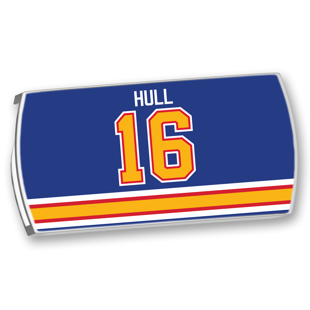 The ZippyBack™ Brett Hull jersey is a blue hockey top with yellow and red stripes, displaying "HULL" and number 16 in bold yellow/red on the back—a tribute to Brett Hull’s precise goal-scoring.