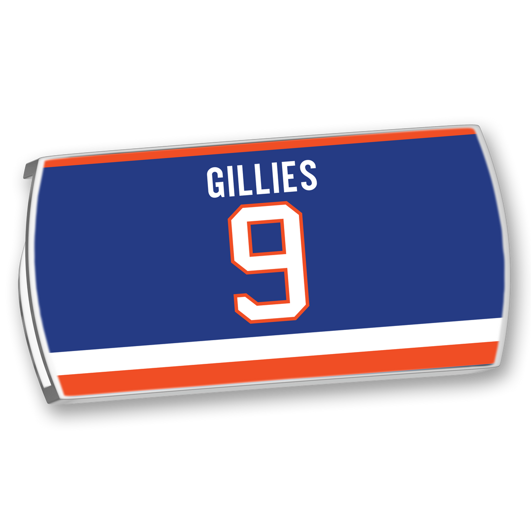 The ZippyBack™ Clark Gillies hockey nameplate features blue with white and orange stripes, showcasing the number 9—a standout tribute to the legendary power forward.