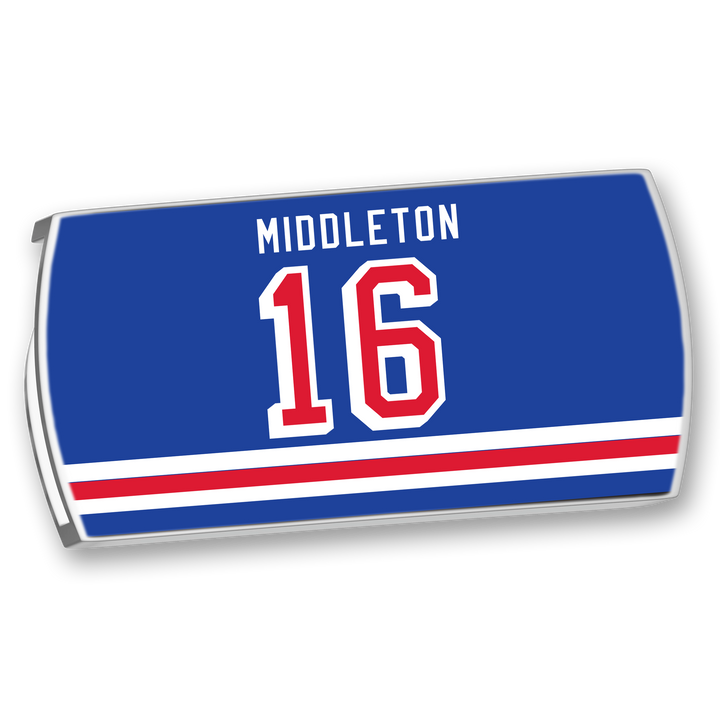 Show your support for skilled winger Rick Middleton with this blue ZippyBack™ sports jersey, featuring white and red stripes, MIDDLETON’s name, and the number 16 in bold white and red—perfect for any fan.