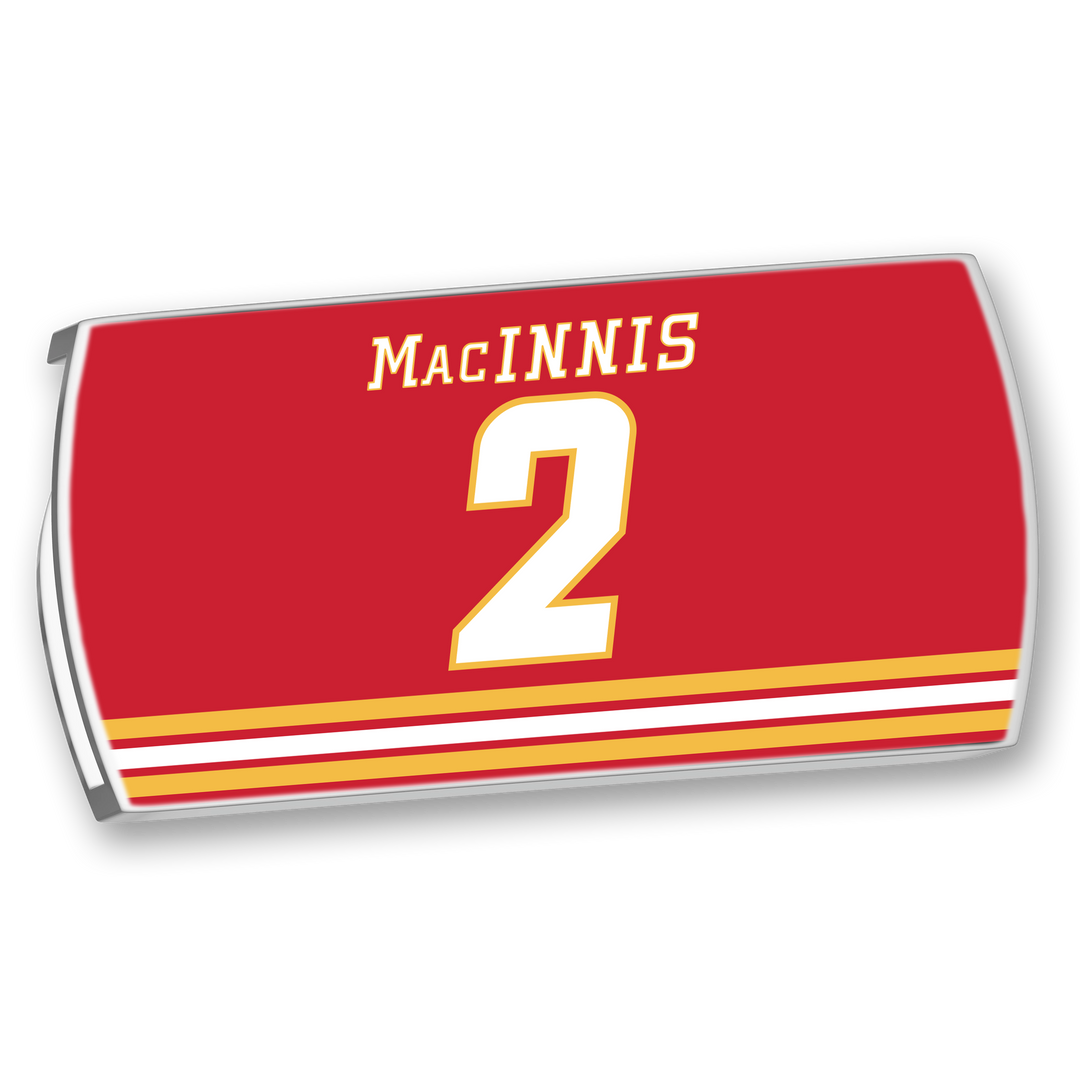 The ZippyBack™ Al MacInnis jersey is red with MacINNIS and 2 in white/yellow, featuring yellow and white stripes—a tribute to his legendary slapshot.