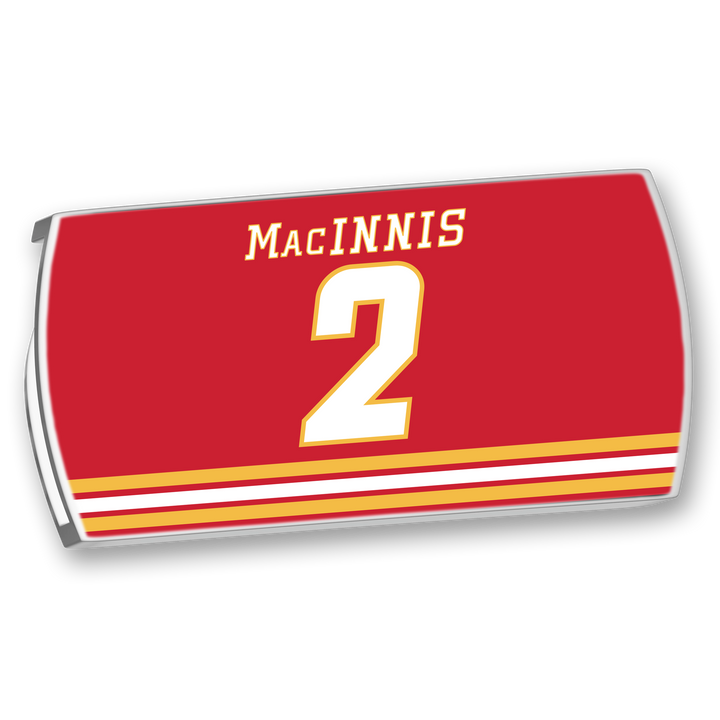 The ZippyBack™ Al MacInnis jersey is red with MacINNIS and 2 in white/yellow, featuring yellow and white stripes—a tribute to his legendary slapshot.
