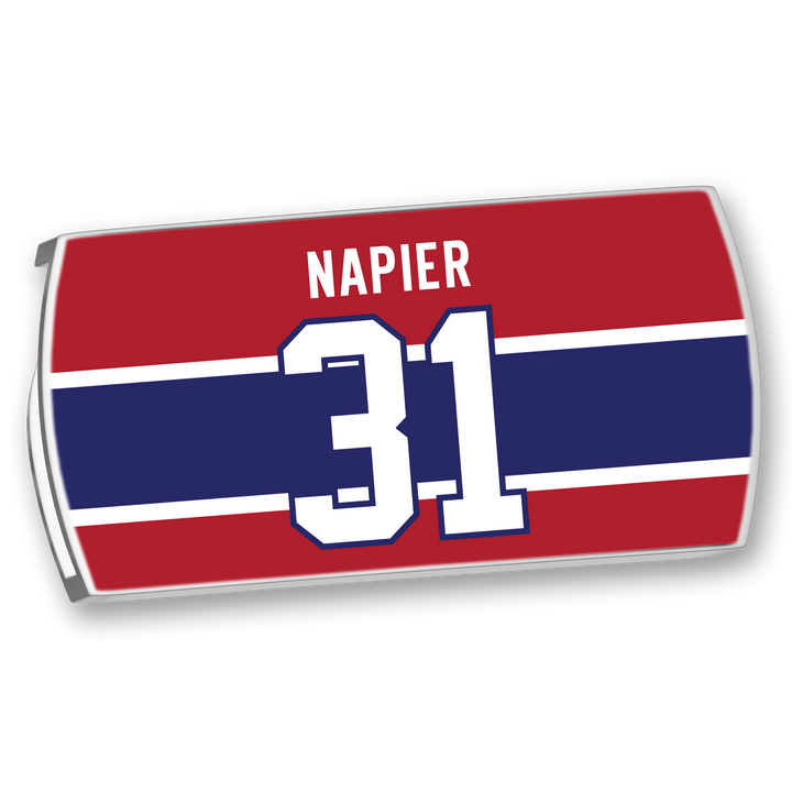 Rectangular ZippyBack™ sticker features a red background, navy blue stripe bordered by white, Mark Napier’s name in white at the top, and a large white number 31—ideal for any Mark Napier fan.