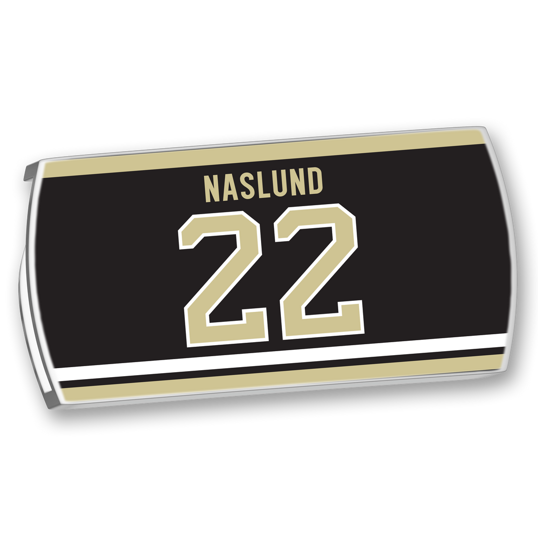 The ZippyBack™ Markus Näslund black hockey jersey nameplate features his name in gold above number 22, outlined in gold and white with matching stripes—a tribute to his offensive skill.