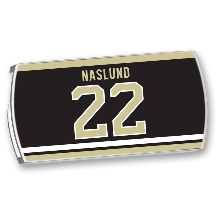 The ZippyBack™ Markus Näslund black hockey jersey nameplate features his name in gold above number 22, outlined in gold and white with matching stripes—a tribute to his offensive skill.