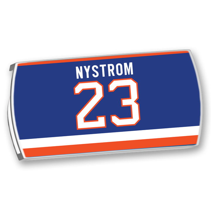 The ZippyBack™ Bob Nystrom nameplate features "NYSTROM" in white above the white number 23 with orange trim on blue, plus a white and orange bottom stripe—a tribute to Nystrom’s legendary championship scoring.