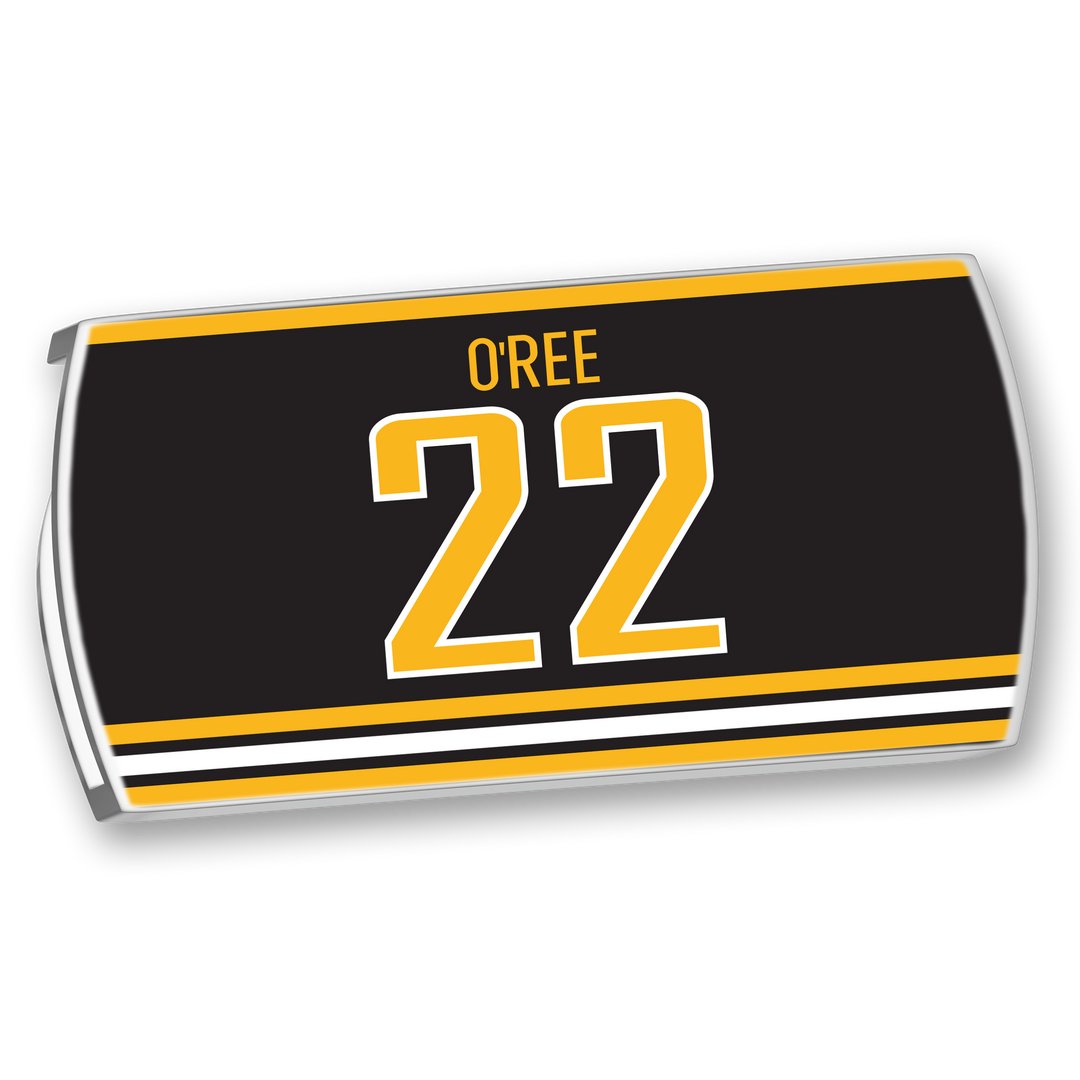 The ZippyBack™ Willie O’Ree hockey jersey is black with yellow and white stripes, showcasing O’Ree’s name and number 22 in bold colors—a fitting tribute to hockey history.