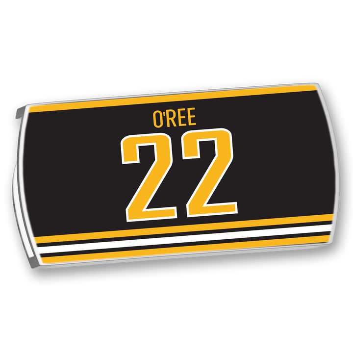 The ZippyBack™ Willie O’Ree hockey jersey is black with yellow and white stripes, showcasing O’Ree’s name and number 22 in bold colors—a fitting tribute to hockey history.