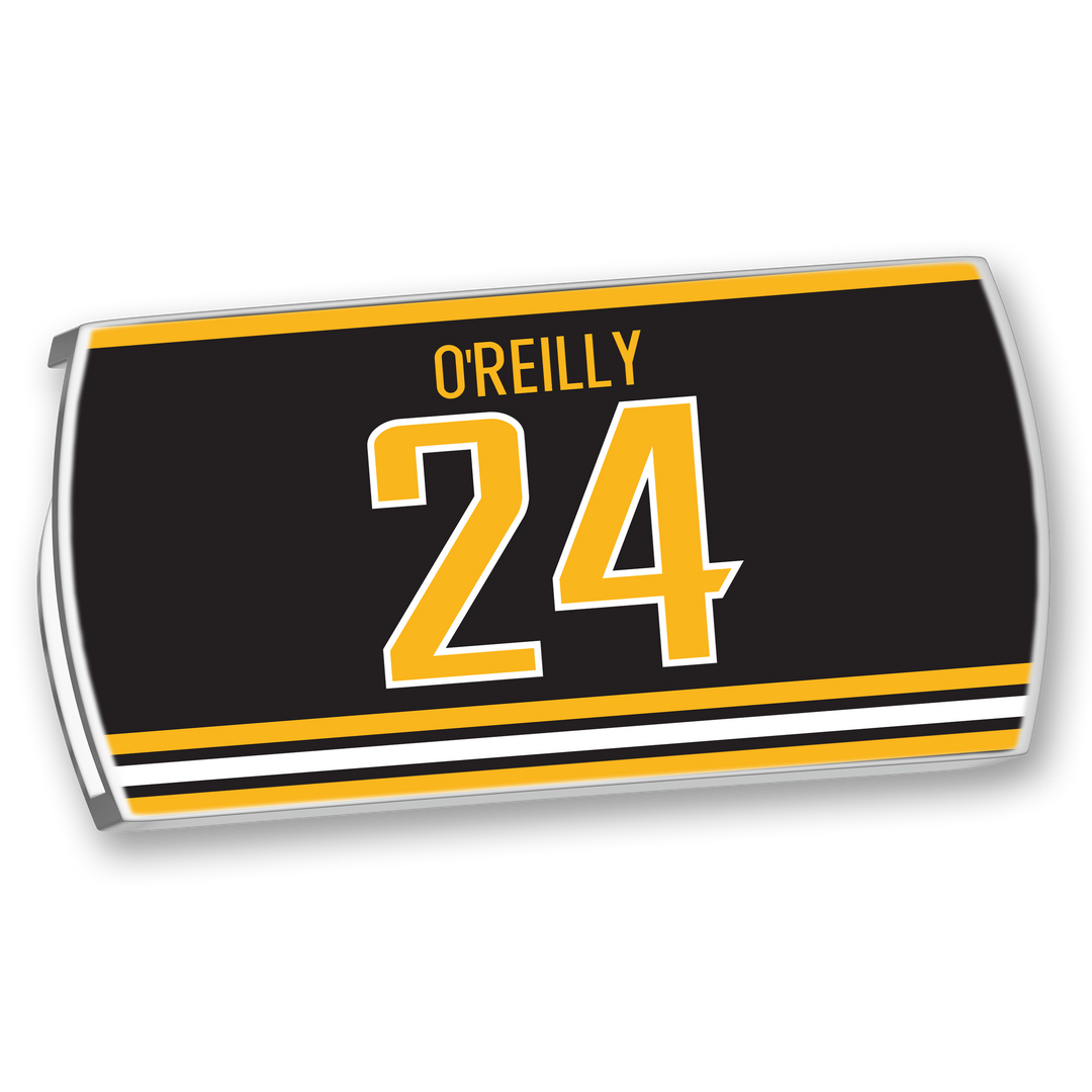 A ZippyBack™ nameplate honoring rugged winger and team leader Terry O’Reilly, number 24, in yellow and white on a black background with gold and white stripes.