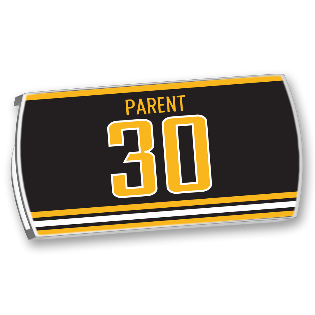 The ZippyBack™ Bernie Parent is a rectangular black nameplate with yellow and white stripes, featuring “PARENT” above a large yellow 30—honoring legendary championship goalie Bernie Parent.