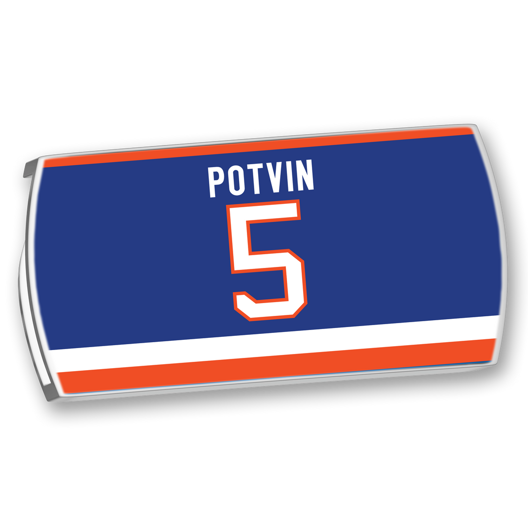 A rectangular blue ZippyBack™ Denis Potvin nameplate displays "POTVIN" in white above a large white 5 with orange trim, bordered by orange and white stripes—honoring legendary defenseman Denis Potvin.
