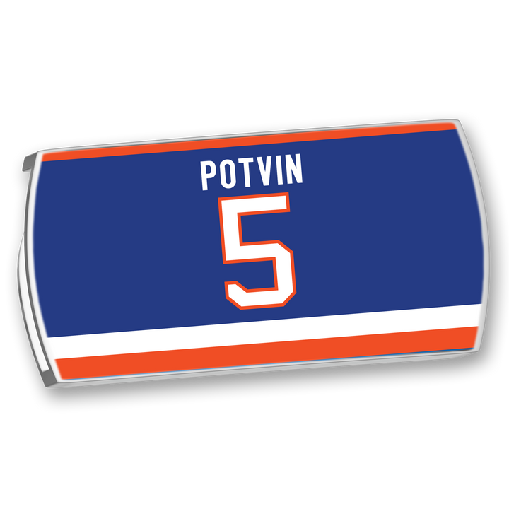 A rectangular blue ZippyBack™ Denis Potvin nameplate displays "POTVIN" in white above a large white 5 with orange trim, bordered by orange and white stripes—honoring legendary defenseman Denis Potvin.
