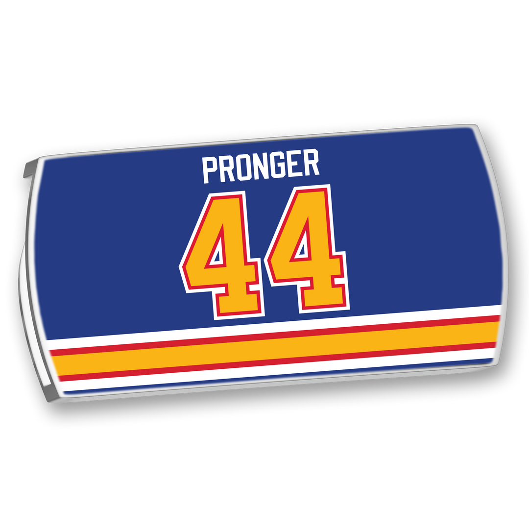A ZippyBack™ blue hockey jersey nameplate featuring Chris Pronger’s name and yellow number 44 with red trim, set above bold red and yellow stripes near the bottom.