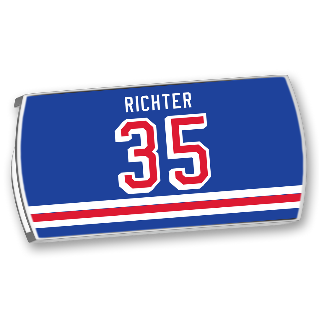The ZippyBack™ Mike Richter patch is a blue hockey jersey tribute, featuring "RICHTER" and 35 in white and red, plus red and white stripes at the bottom—honoring the legendary goaltender’s memorable performances.