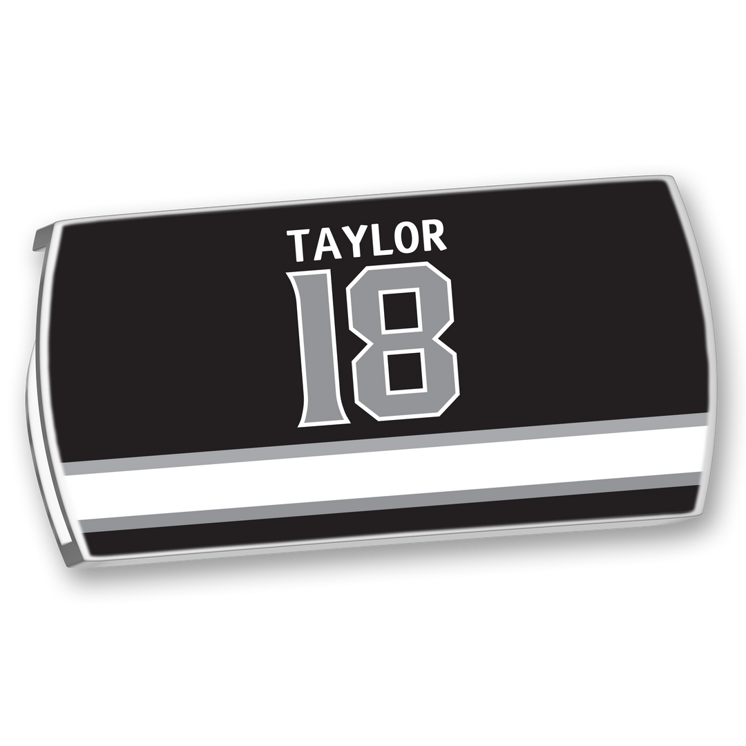 The ZippyBack™ Dave Taylor jersey features black and white design with “TAYLOR” and number 18 above two bold white stripes, honoring the legendary playmaking forward’s scoring legacy.