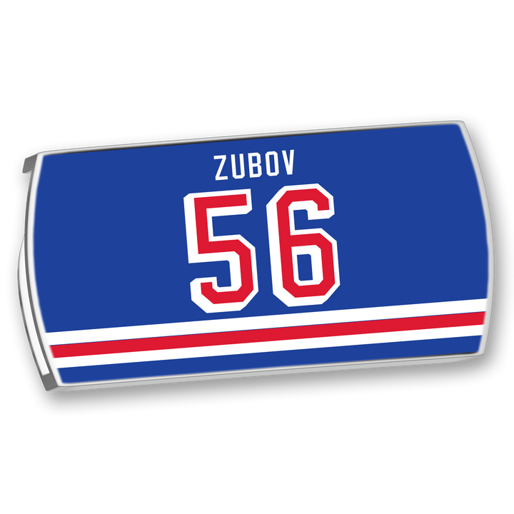 Show your support for defenseman Sergei Zubov with this blue ZippyBack™ hockey jersey nameplate, featuring "Zubov" above the number 56 in white and red, plus bold red and white stripes along the bottom.