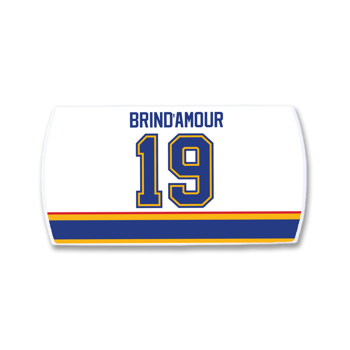 The ZippyBack™ Rod Brind’Amour jersey features a white nameplate with “BRIND’AMOUR” in blue above number 19, outlined in blue and gold, plus red, yellow, and blue stripes near the bottom.