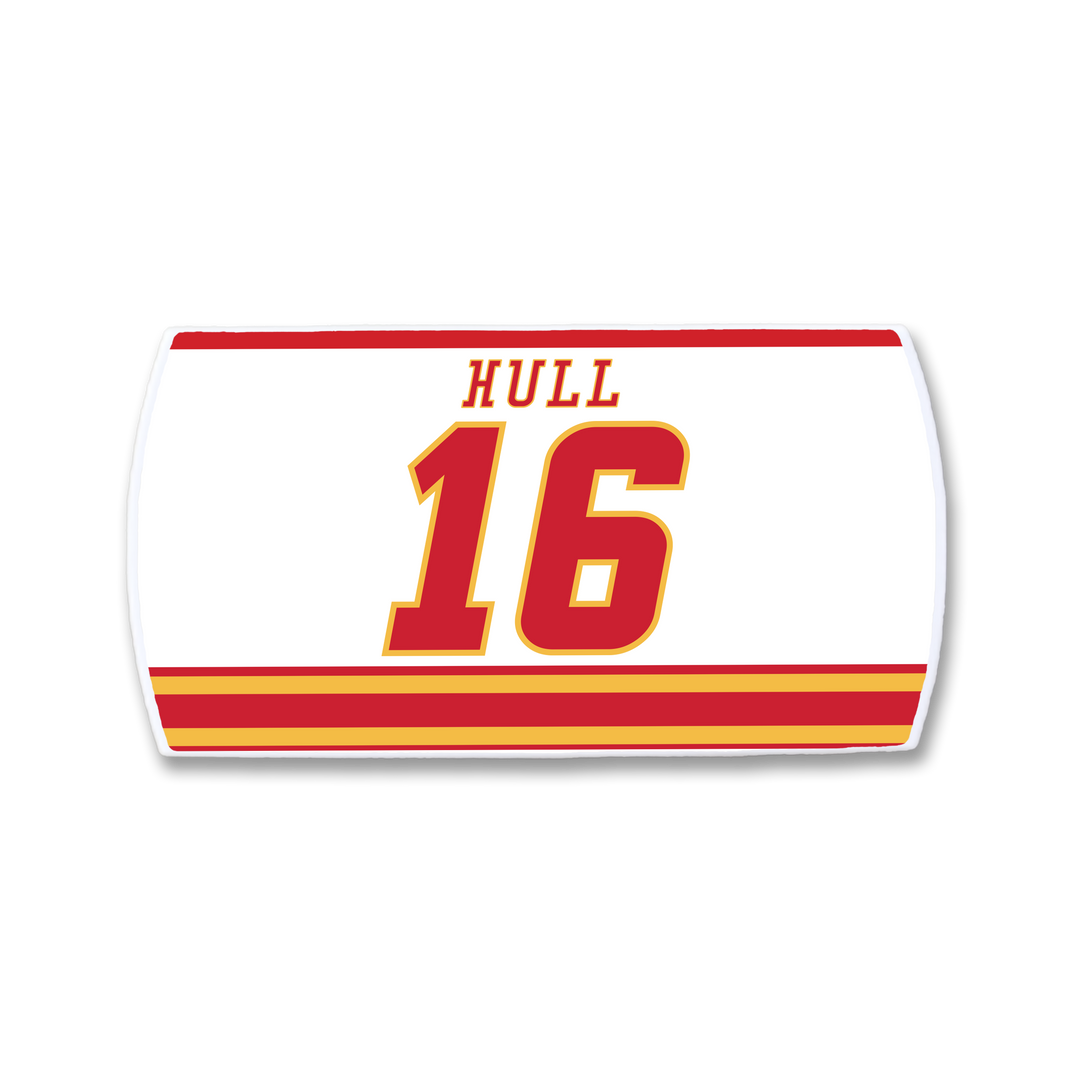 The ZippyBack™ Brett Hull nameplate is a white hockey jersey patch with red and yellow stripes, featuring "HULL" in red above the bold red and yellow number 16—a tribute to the legendary goal scorer.