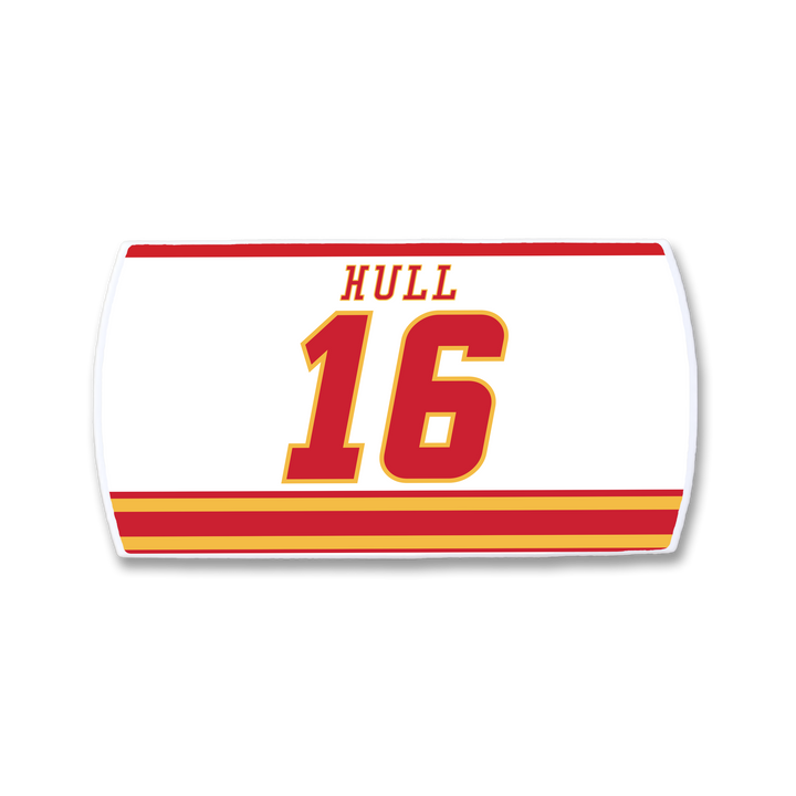 The ZippyBack™ Brett Hull nameplate is a white hockey jersey patch with red and yellow stripes, featuring "HULL" in red above the bold red and yellow number 16—a tribute to the legendary goal scorer.