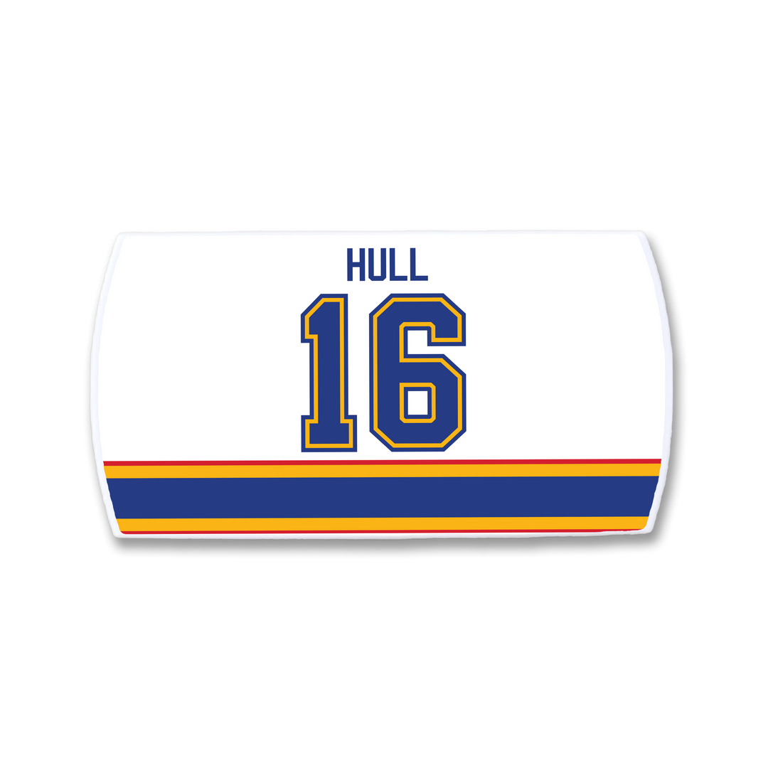 The ZippyBack™ Brett Hull nameplate is a white hockey jersey patch with HULL in blue capitals above number 16, honoring the legendary goal scorer, and finished with blue, yellow, and orange stripes along the bottom edge.