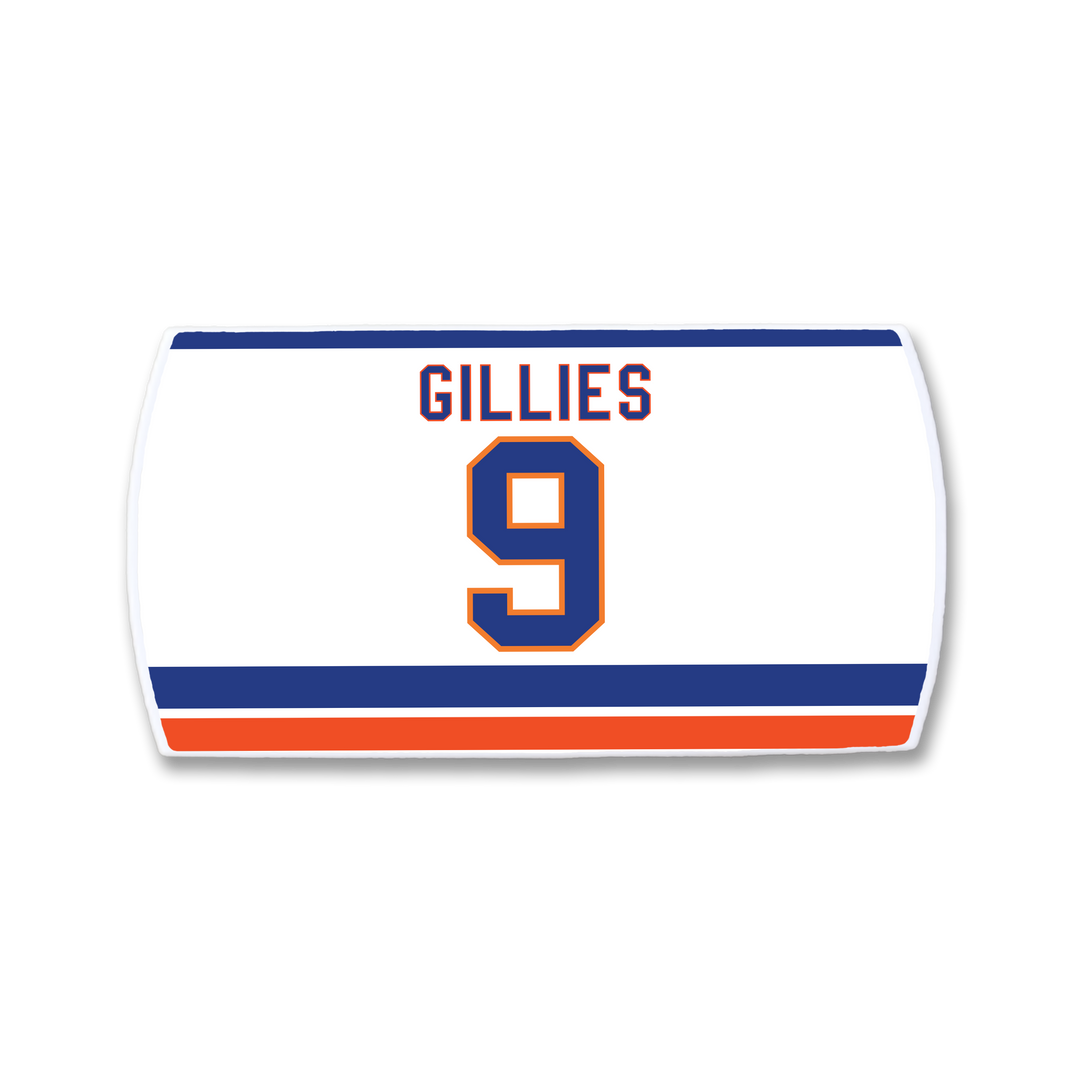 The ZippyBack™ Clark Gillies nameplate is a white hockey jersey patch with "Clark Gillies" above a bold number 9 and blue-orange stripes—honoring the iconic power forward’s legacy.