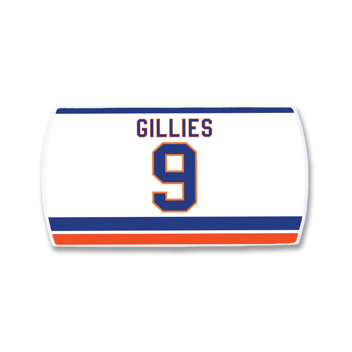 The ZippyBack™ Clark Gillies nameplate is a white hockey jersey patch with "Clark Gillies" above a bold number 9 and blue-orange stripes—honoring the iconic power forward’s legacy.