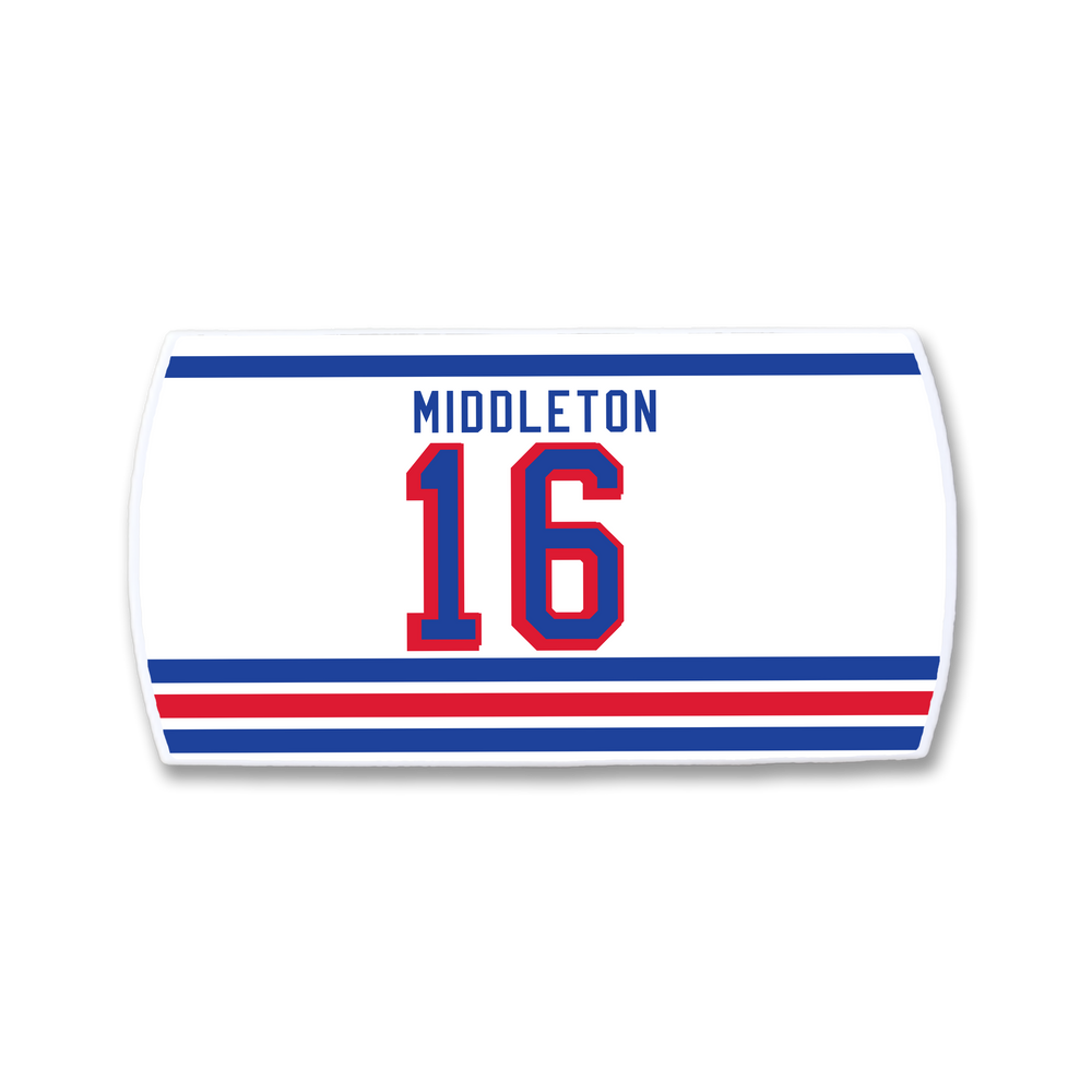 A white rectangular ZippyBack™ patch with blue and red stripes, featuring "Rick Middleton" in blue above a bold red number 16 outlined in blue—a tribute to the skilled winger and offensive threat.